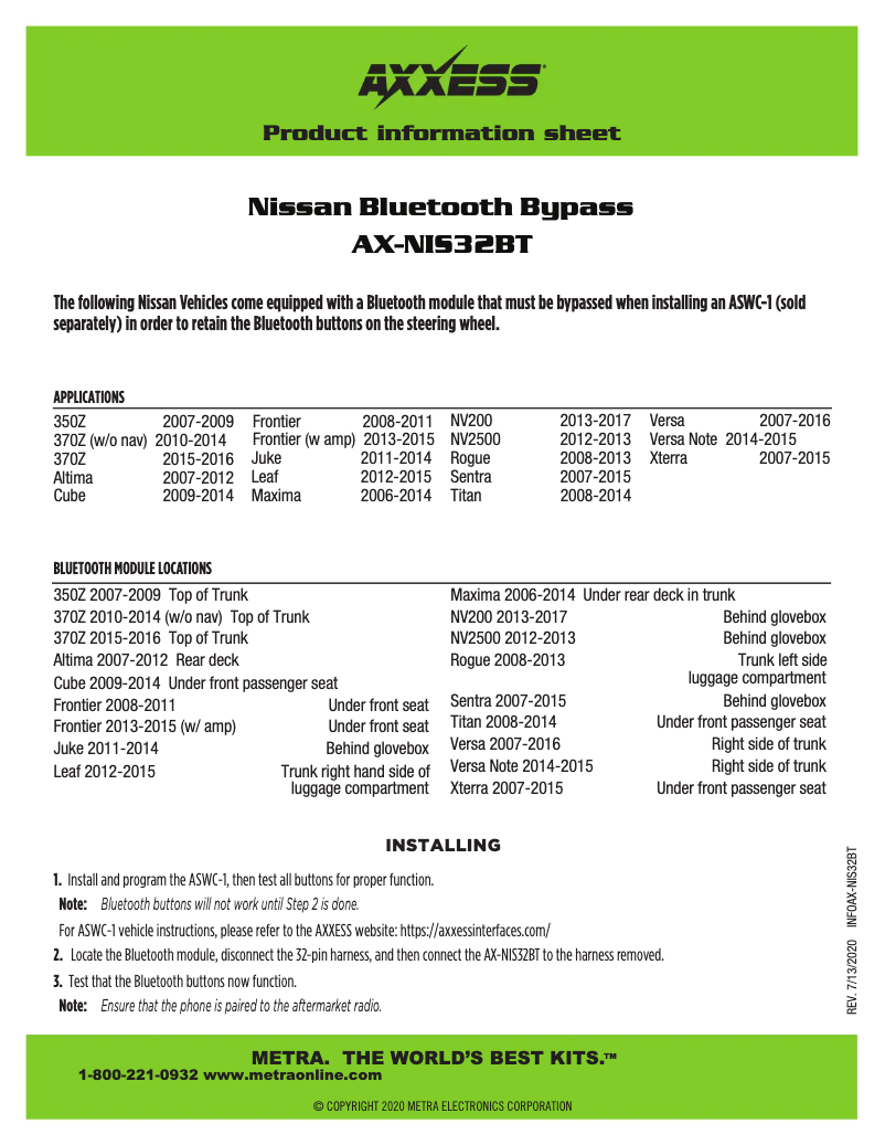 Page 1 de la notice Fiche technique AXESS AX-NIS32BT