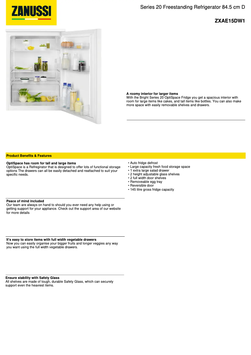 Page 1 de la notice Fiche technique Zanussi ZXAE15DW1