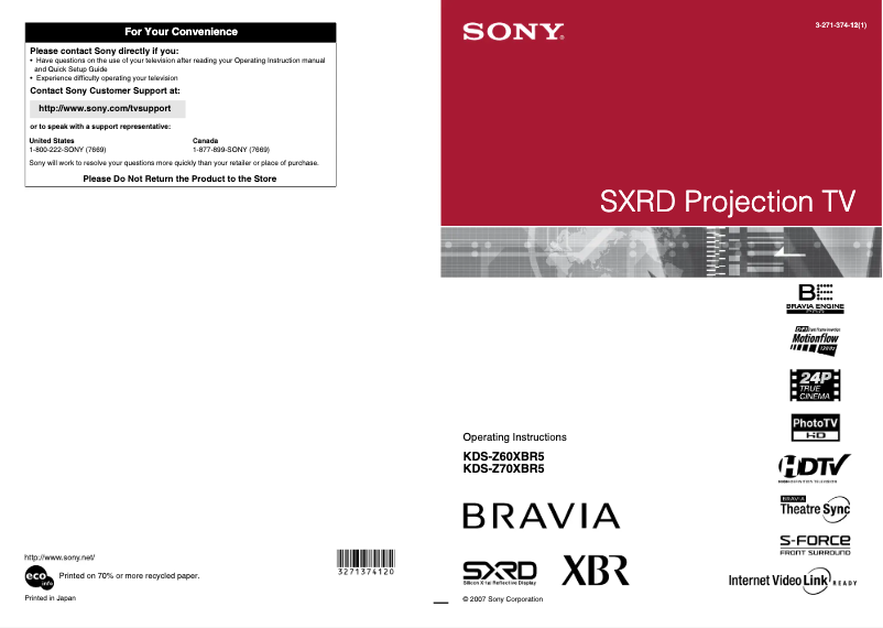 Página 1 del manual Manual de usuario Sony Bravia KDS-Z60XBR5