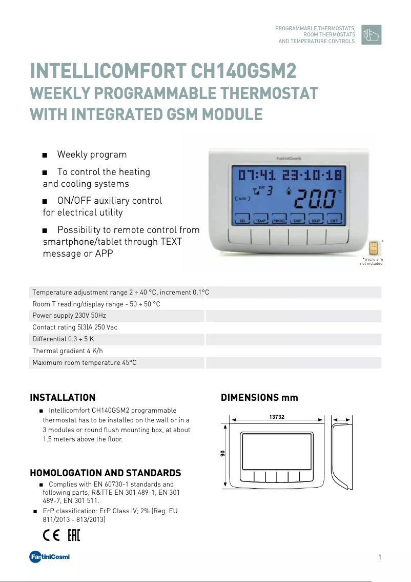 Page 1 de la notice Fiche technique Fantini Cosmi Intellicomfort CH140GSM2