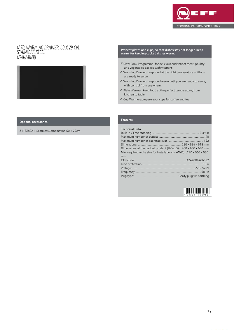 Page 1 de la notice Fiche technique Neff N34HA11N1B