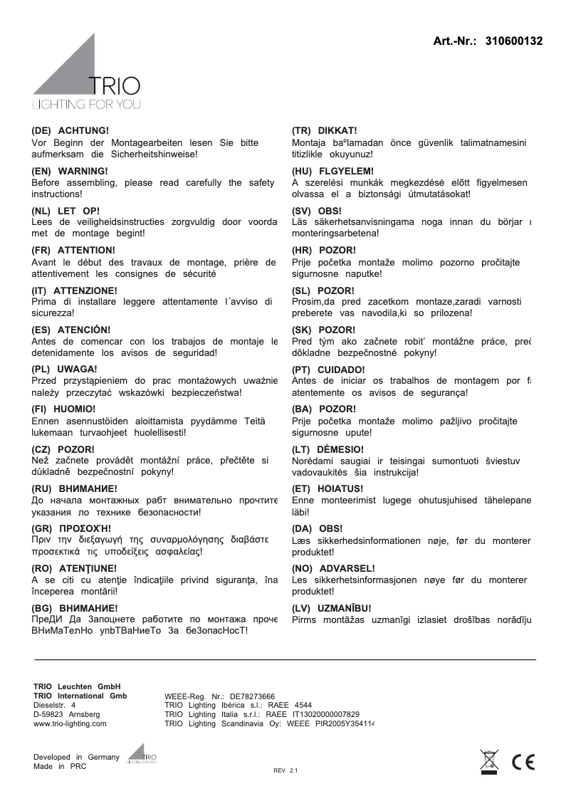 Page n°1 - Manuel utilisateur Trio Lighting Robin 310600132