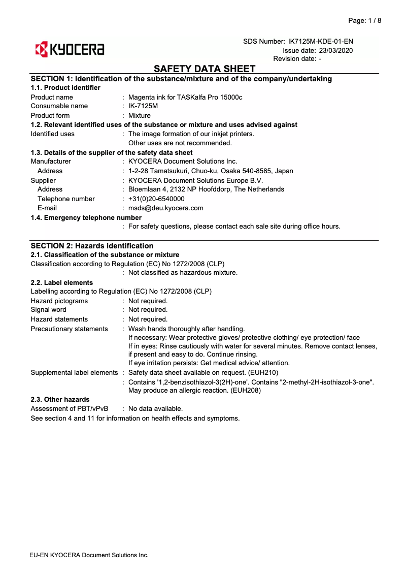 Page 1 de la notice Instructions de sécurité Kyocera TASKalfa Pro 15000c