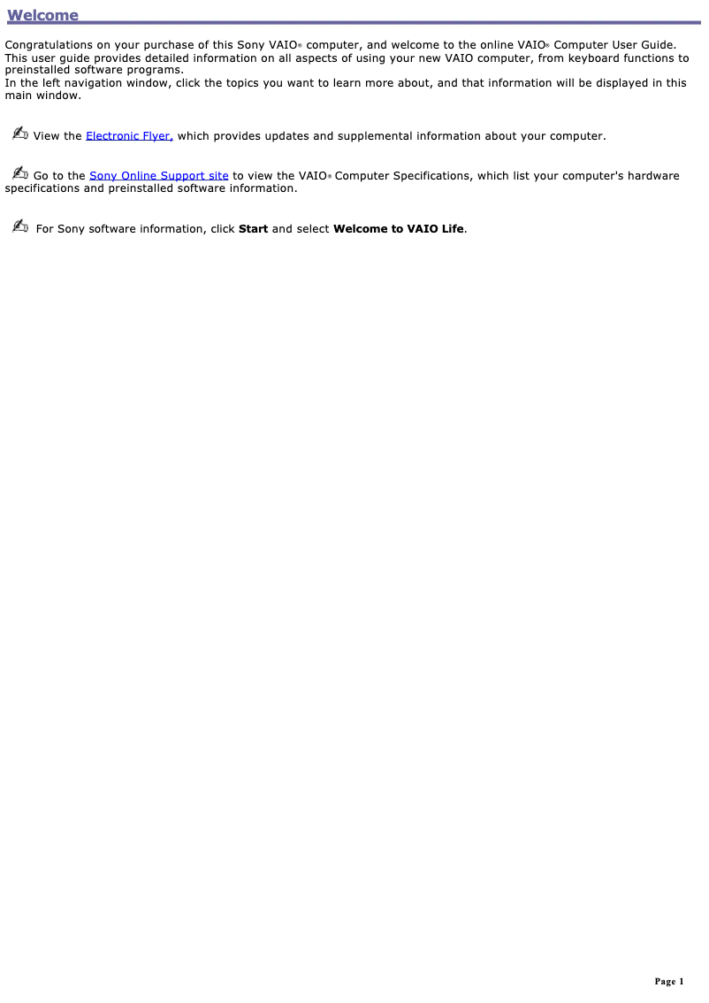 Page 1 de la notice Manuel utilisateur Sony Vaio PCG-Z1WA