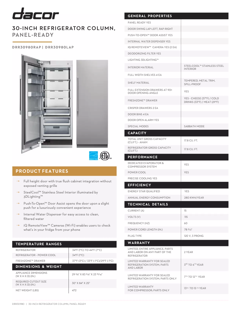 Page 1 de la notice Fiche technique Dacor Modernist DRR30980RAP