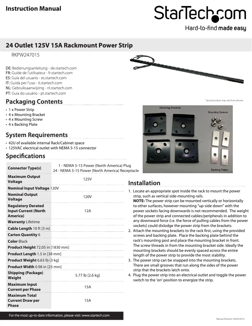 Page n°1 - Manuel utilisateur StarTech.com RKPW247015