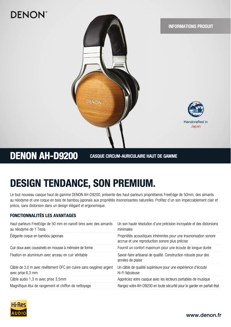 Page 1 de la notice Fiche technique Denon AH-D9200