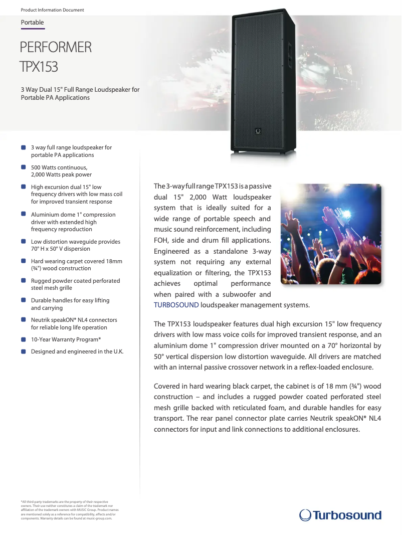 Page n°1 - Fiche technique Turbosound Performer TPX153