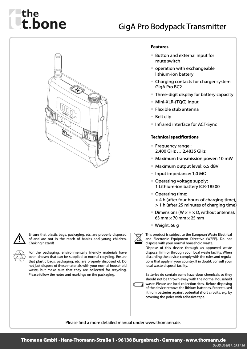 Page n°1 - Manuel utilisateur the t.bone GigA Pro Bodypack Transmitter