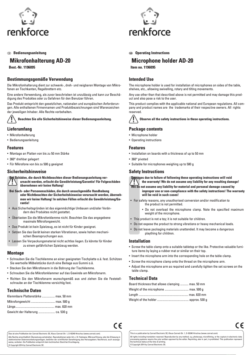 Page 1 de la notice Manuel utilisateur Renkforce AD-20