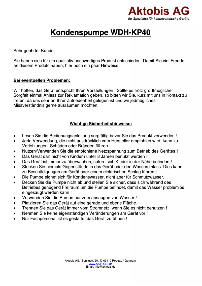 Page n°1 - Manuel utilisateur Aktobis WDH-KP40