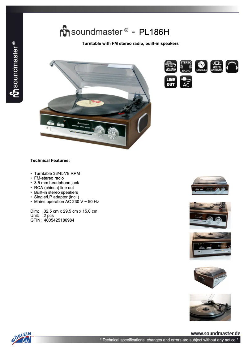 Page 1 de la notice Fiche technique Soundmaster PL186H