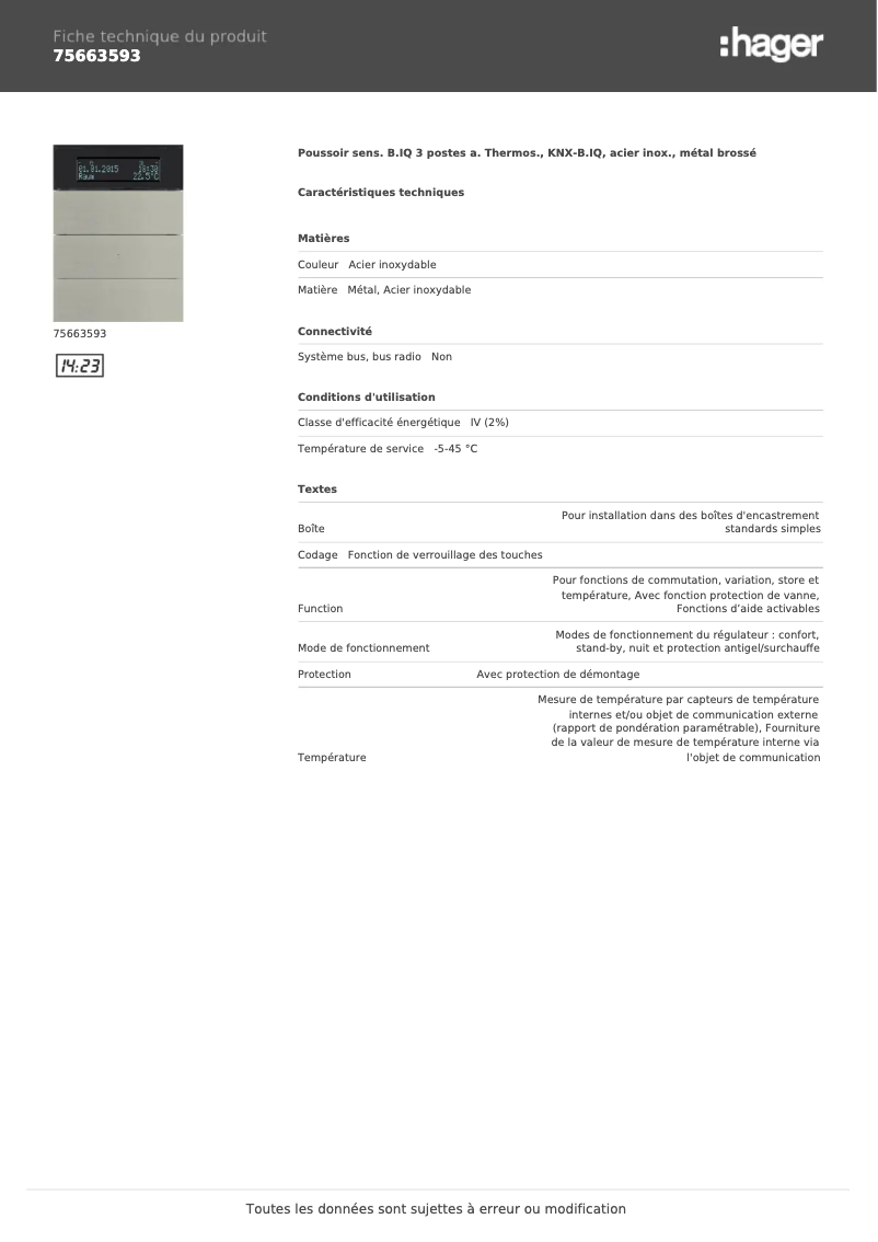 Page 1 de la notice Fiche technique Hager 75663593