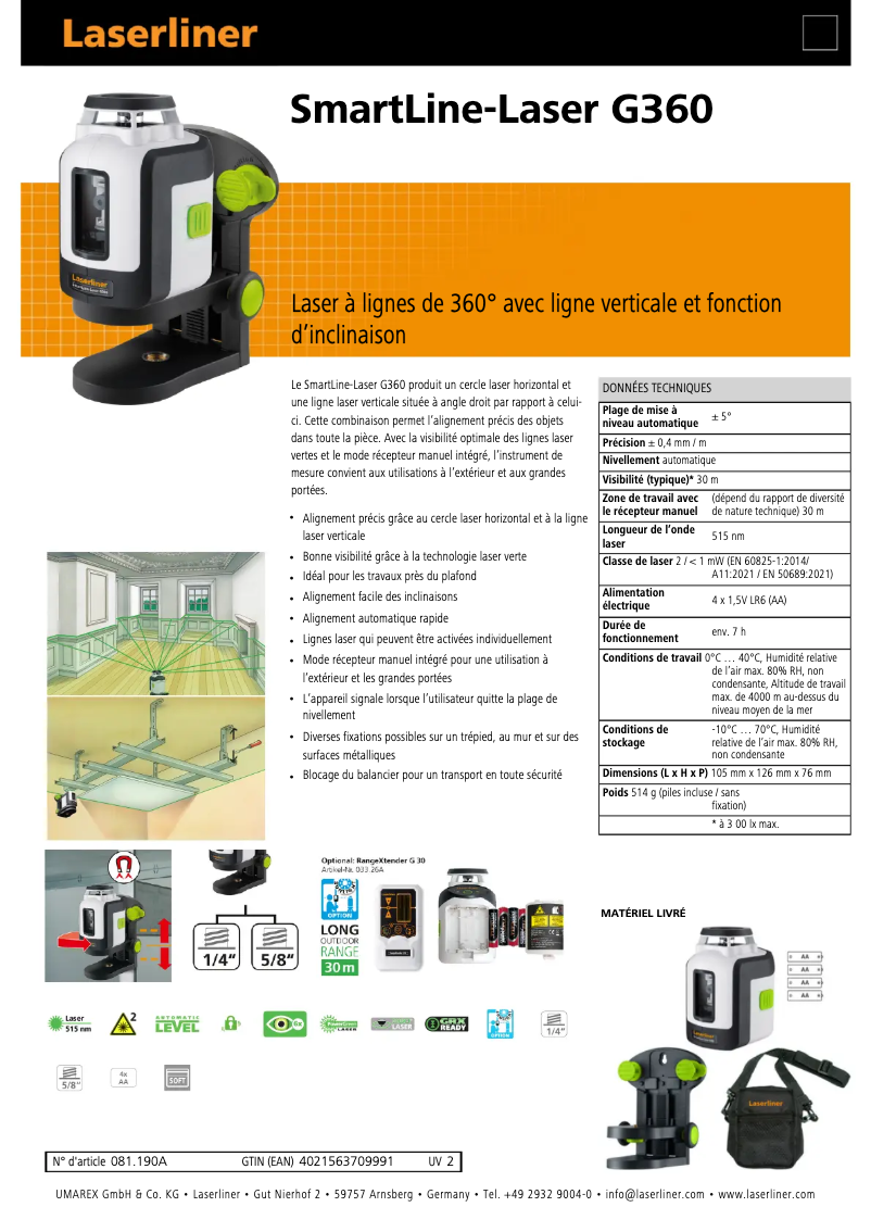 Page 1 de la notice Fiche technique Laserliner SmartLine-Laser G360