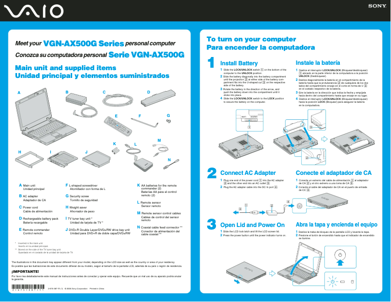 Page 1 de la notice Guide d'installation Sony Vaio VGN-AX580G