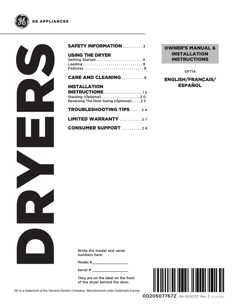 Page n°1 - Guide d'installation GE GFT14ESSLWW