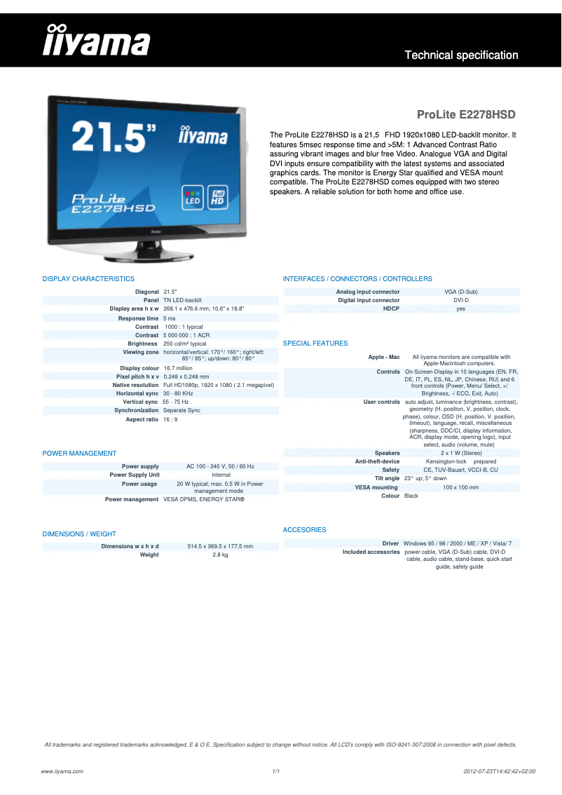 Page 1 de la notice Manuel utilisateur Iiyama ProLite E2278HSD