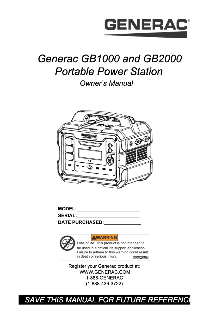 Page n°1 - Manuel utilisateur Generac G0080260