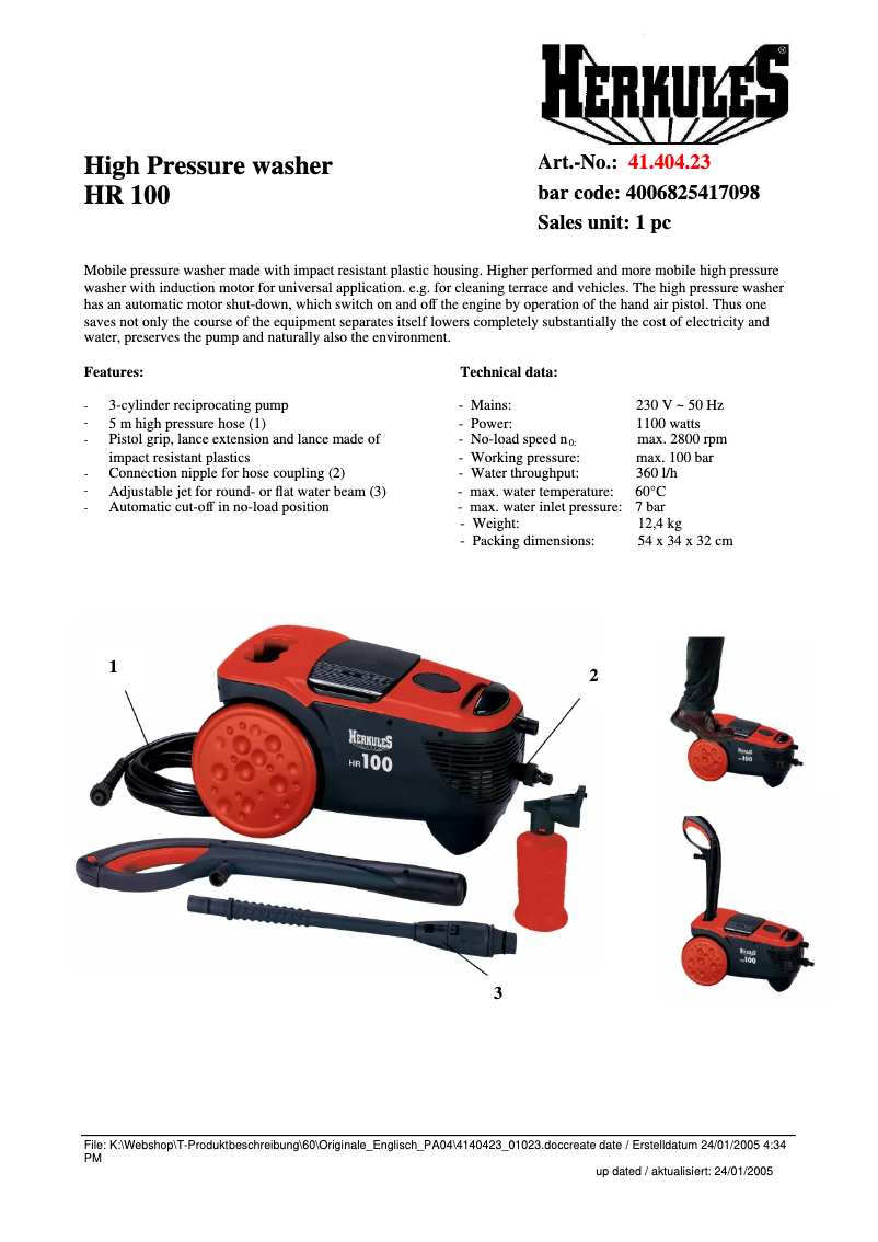 Page n°1 - Fiche technique Herkules HR 100