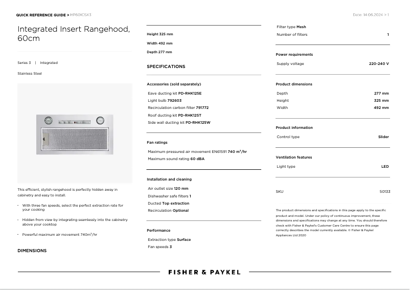 Page 1 de la notice Manuel utilisateur Fisher & Paykel HP60ICSX3