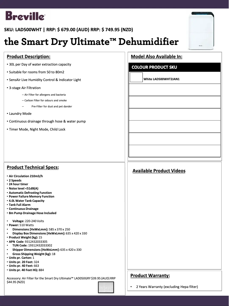 Página 1 del manual Ficha técnica Breville The Smart Dry Ultimate LAD500