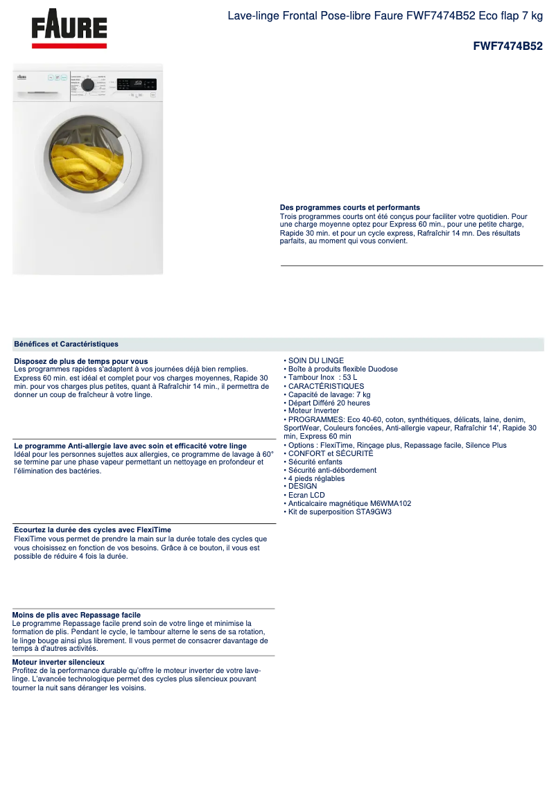 Page 1 de la notice Fiche technique Faure FWF7474B52