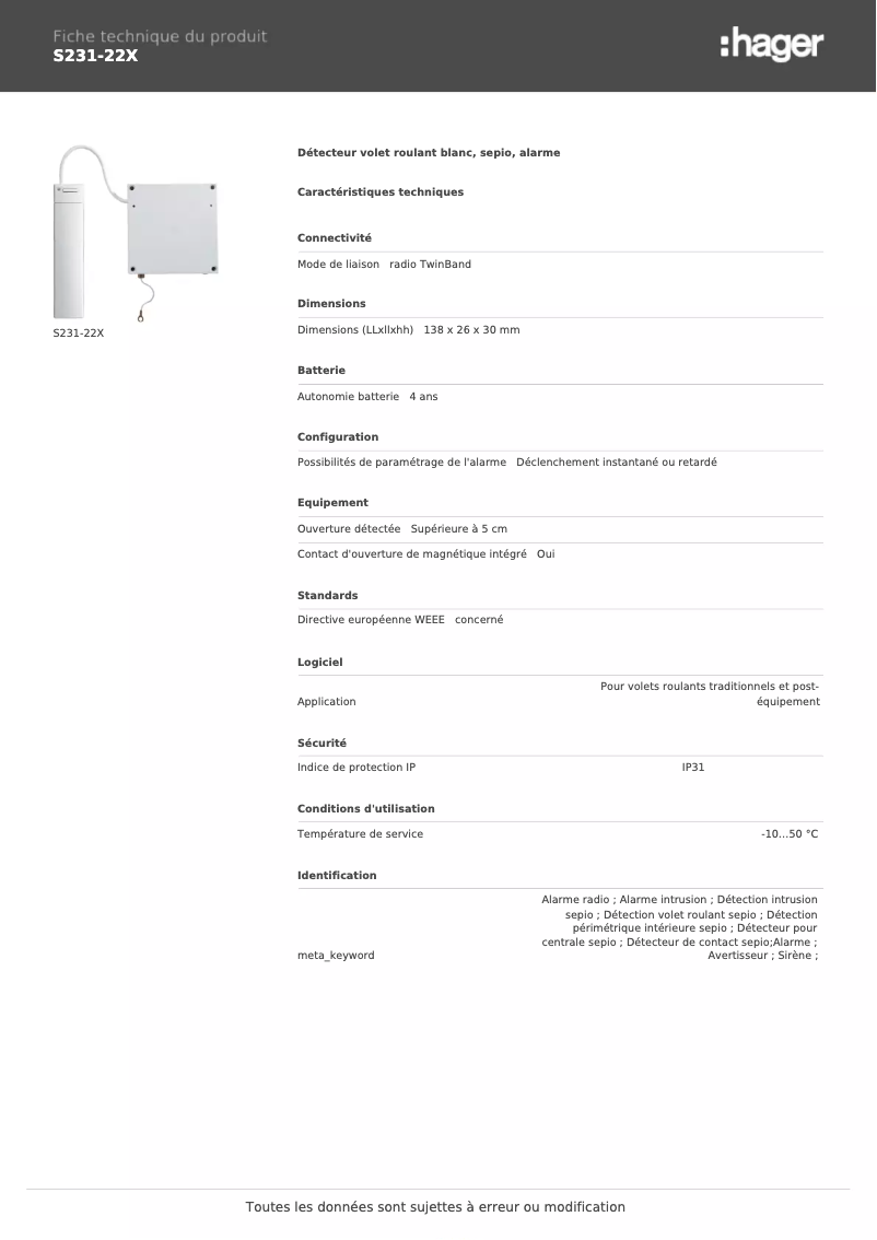 Page 1 de la notice Fiche technique Hager S231-22X