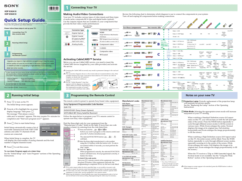 Page n°1 - Guide d'installation Sony KDF-E42A10