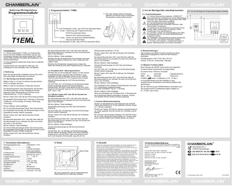 Page n°1 - Manuel utilisateur Chamberlain T1EML