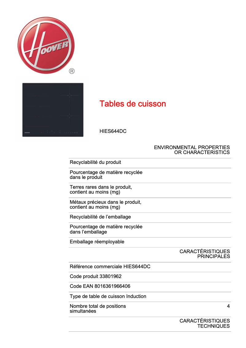 Page n°1 - Fiche technique Hoover HIES644DC