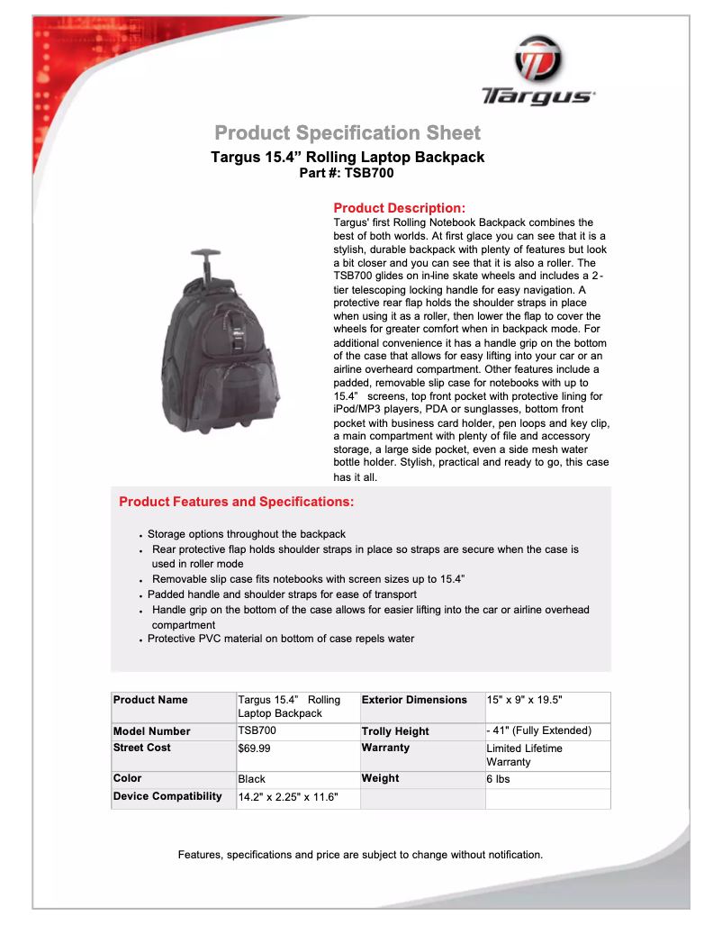 Page 1 de la notice Manuel utilisateur Targus TSB700