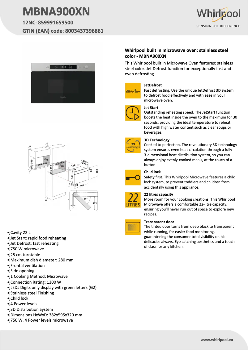 Page 1 de la notice Fiche technique Whirlpool MBNA900XN