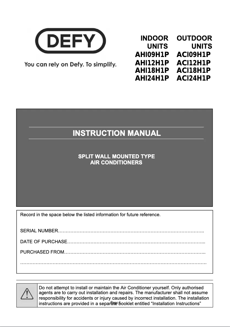Image de la première page du manuel de l'appareil ACI18H1P