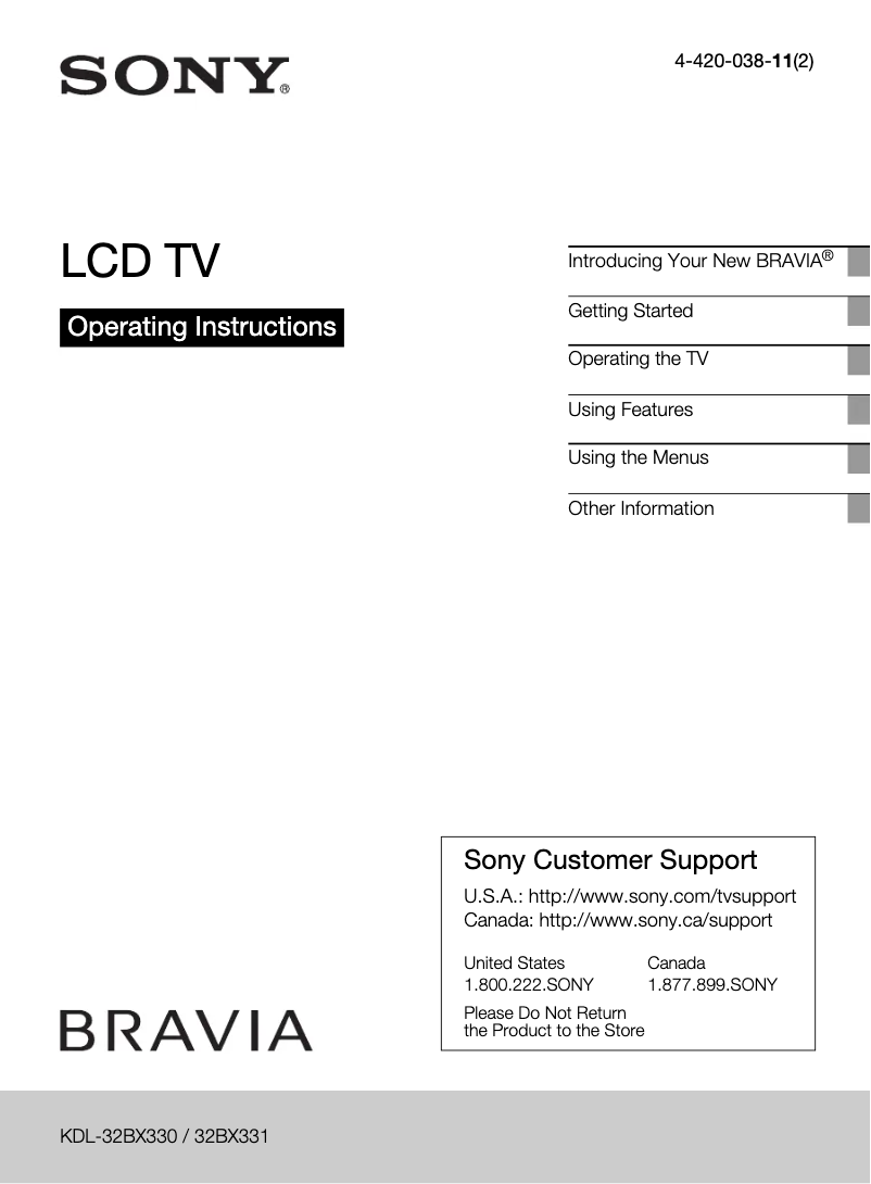 Page n°1 - Manuel utilisateur Sony Bravia KDL-32BX330
