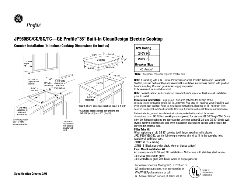 Page 1 de la notice Fiche technique GE Profile JP960SCSS