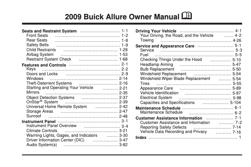 Page 1 de la notice Manuel utilisateur Buick Allure (2009)