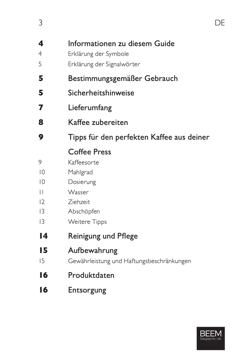 Page n°1 - Manuel utilisateur BEEM Coffee Press