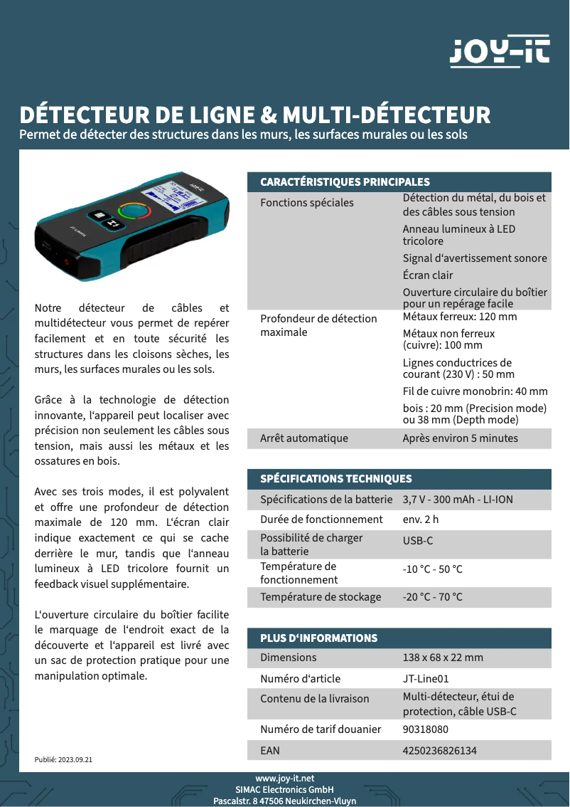 Page 1 de la notice Fiche technique Joy-It JT-Line01