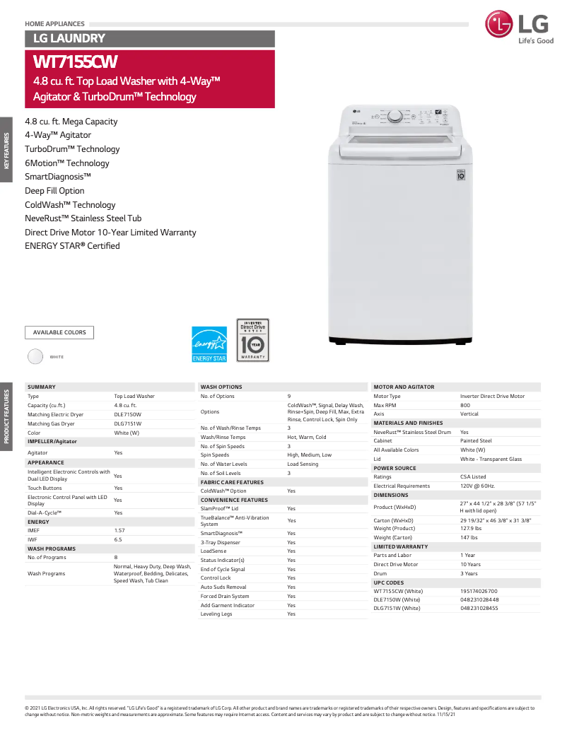 Página 1 del manual Ficha técnica LG WT7155CW