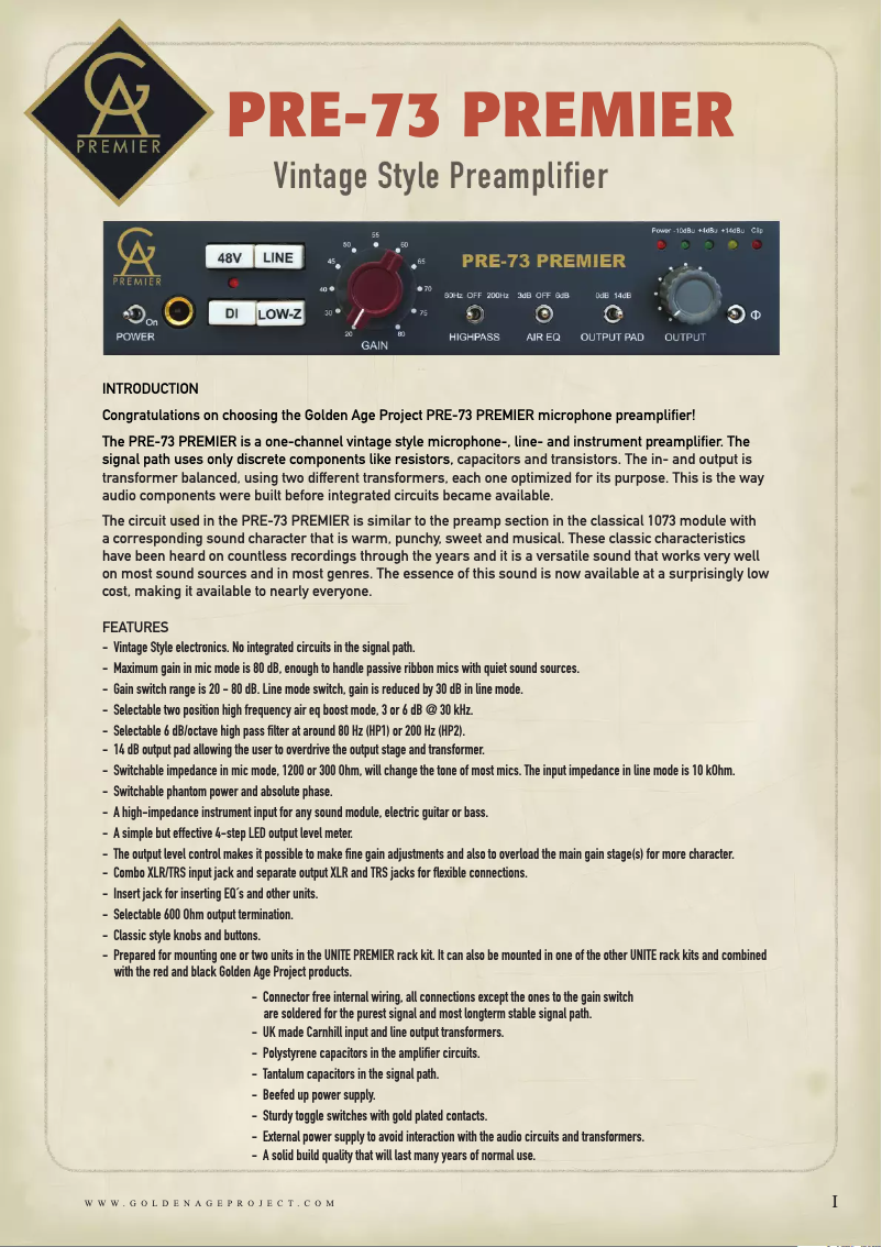 Page 1 de la notice Manuel utilisateur Golden Age Project PRE-73 Premier