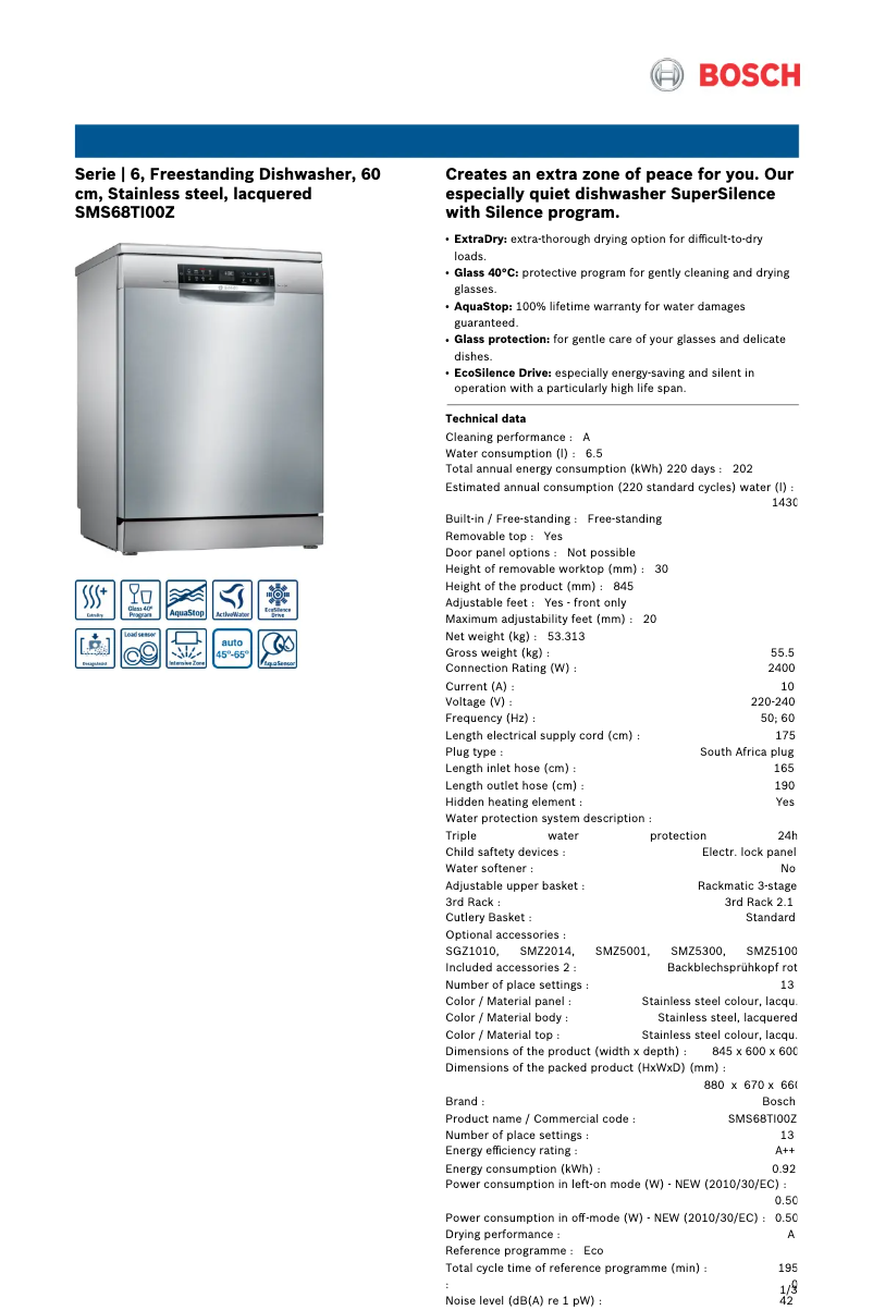 Page 1 de la notice Fiche technique Bosch SMS68TI00Z