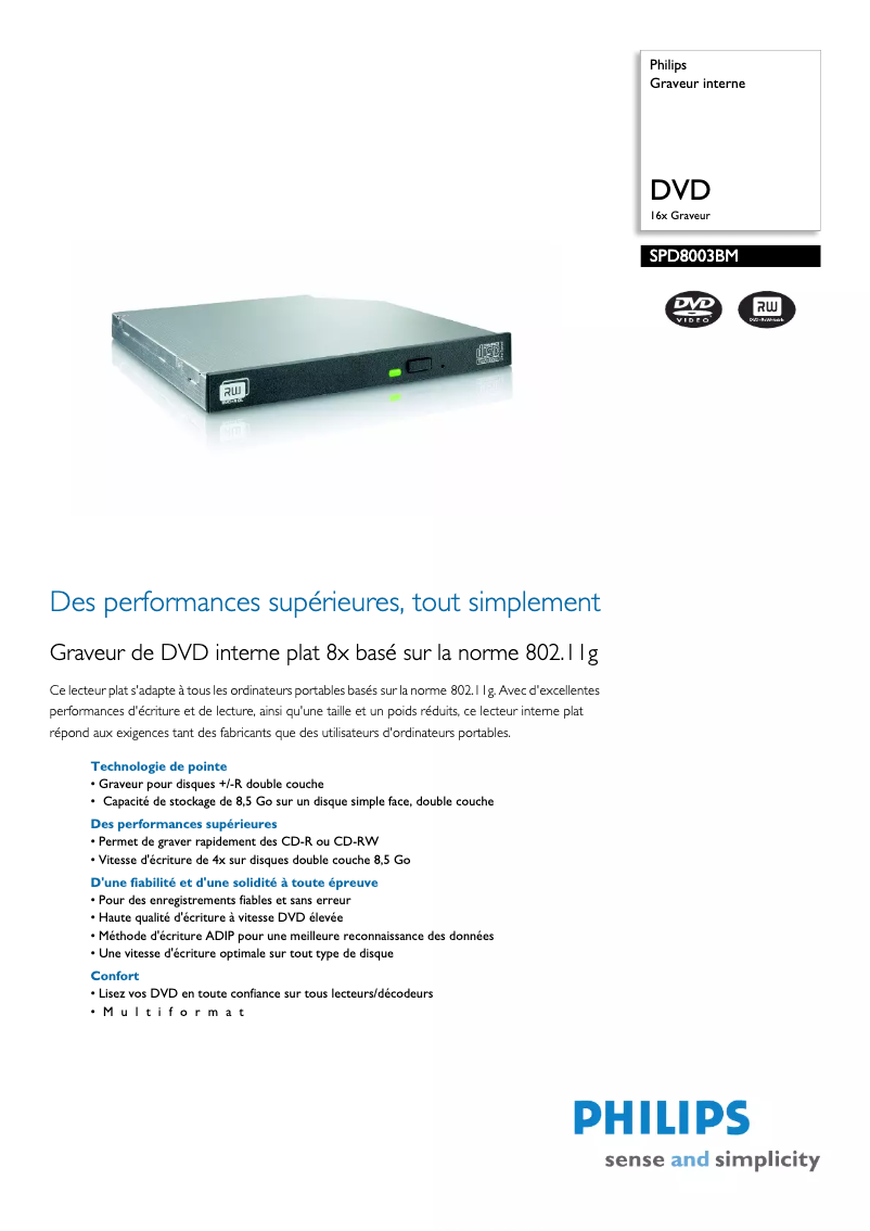 Page n°1 - Fiche technique Philips SPD8003BM