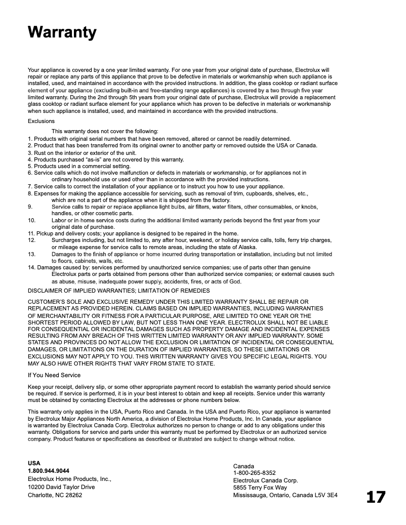 Page 1 de la notice Informations de garantie Frigidaire FHWC3640MS