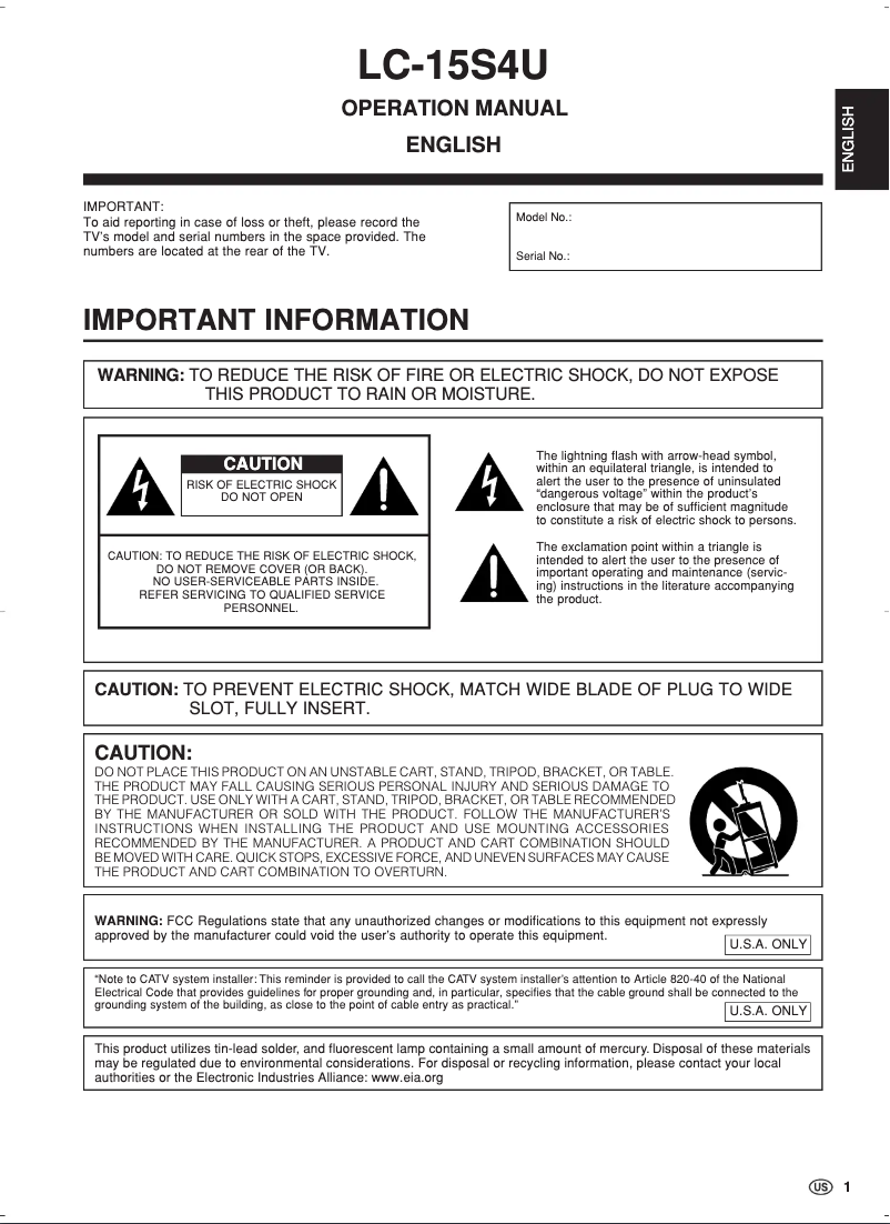Page n°1 - Manuel utilisateur Sharp LC-15S4U-S