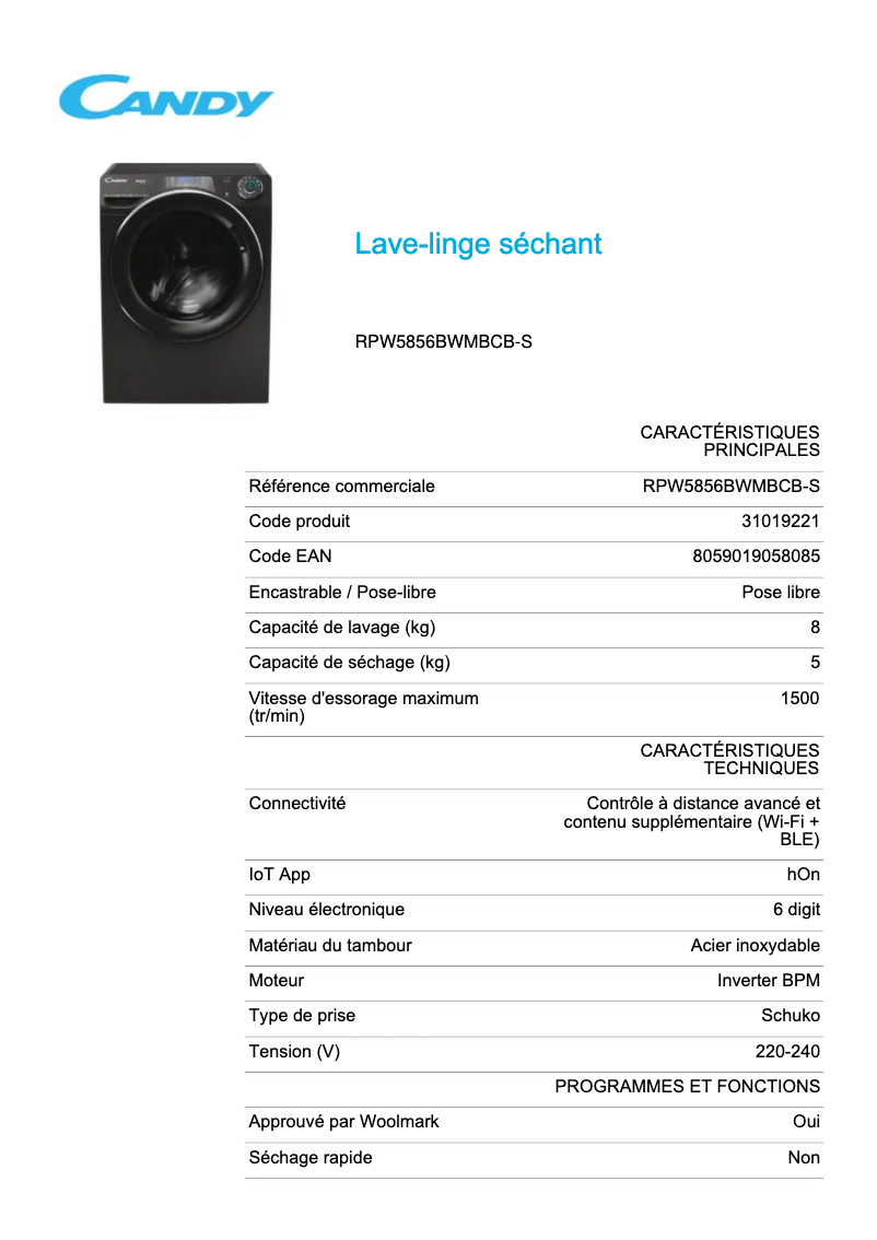 Page 1 de la notice Fiche technique Candy RPW5856BWMBCB-S