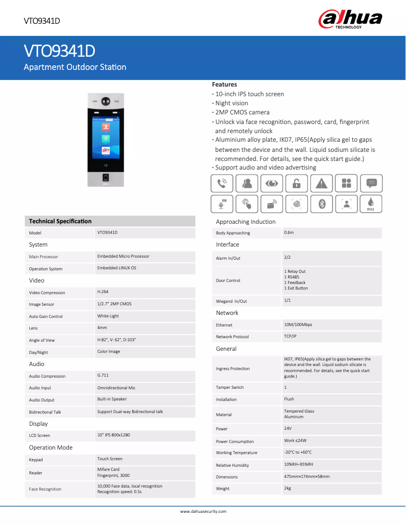 Page 1 de la notice Fiche technique Dahua Technology VTO9341D