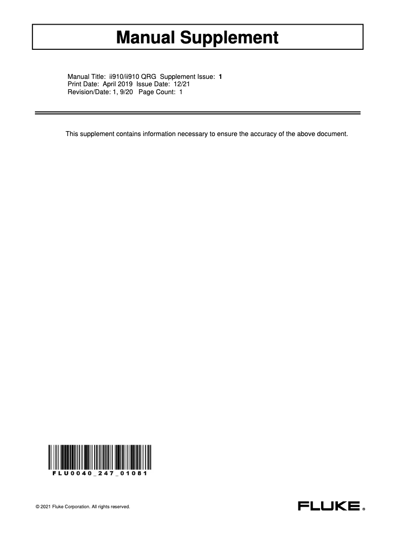 Page 1 de la notice Guide de démarrage rapide Fluke ii910