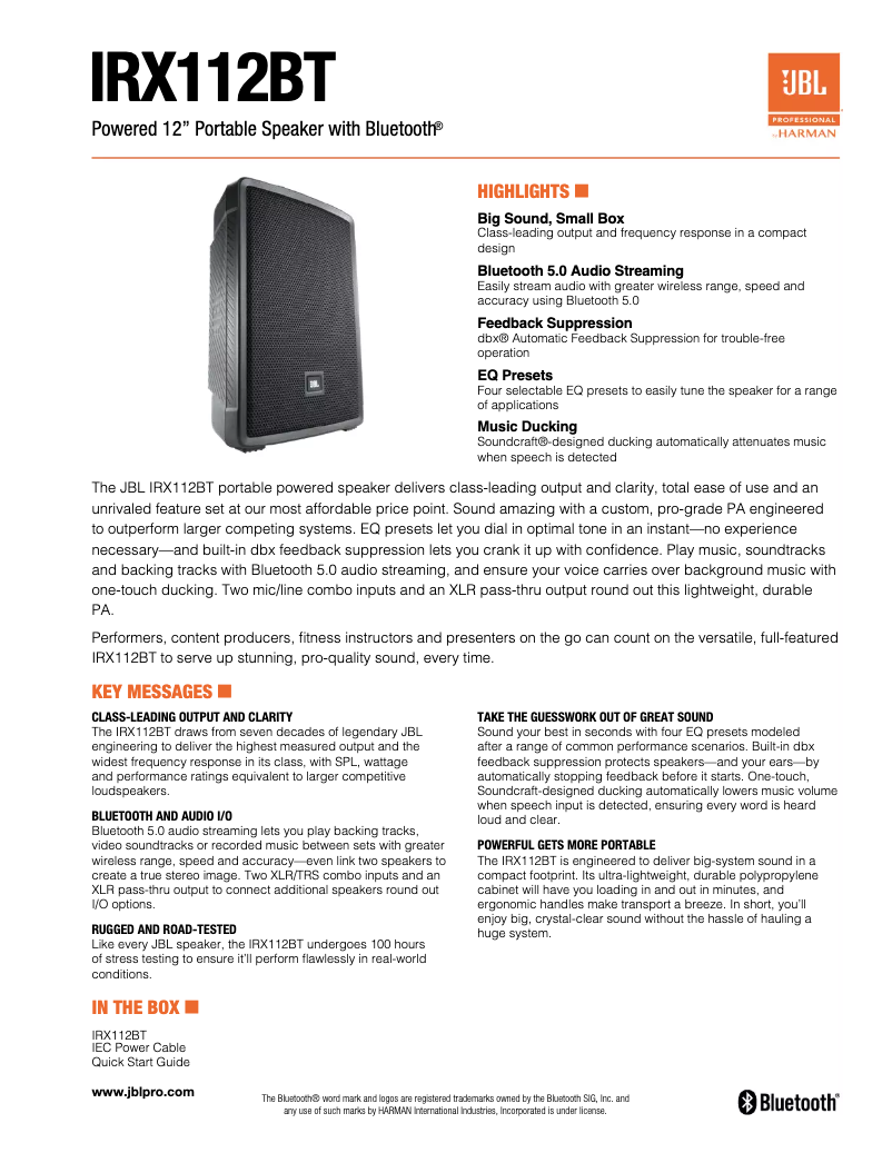 Page n°1 - Fiche technique JBL IRX112BT