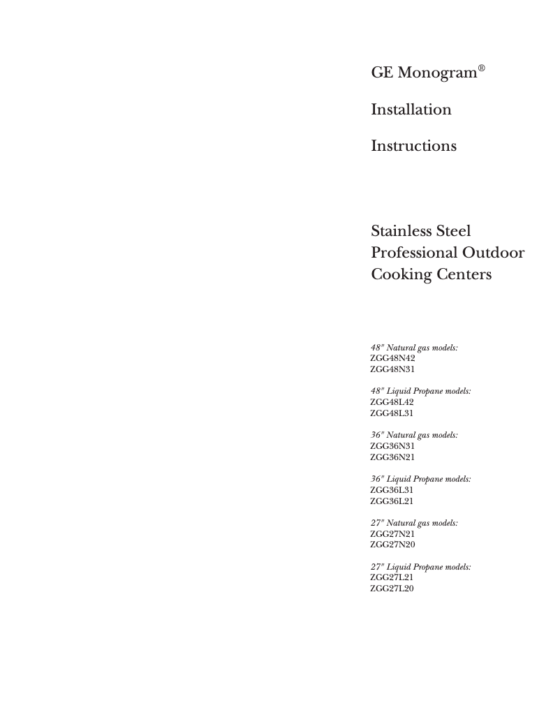 Page 1 de la notice Guide d'installation GE ZGG27N20CSS