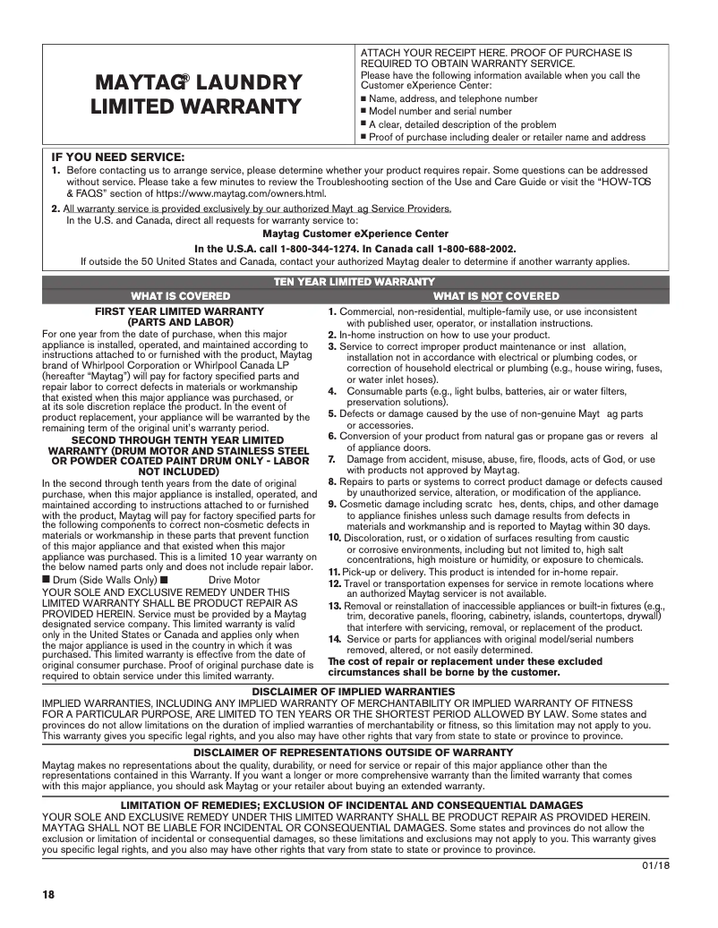 Page 1 de la notice Informations de garantie Maytag MGD8630HC